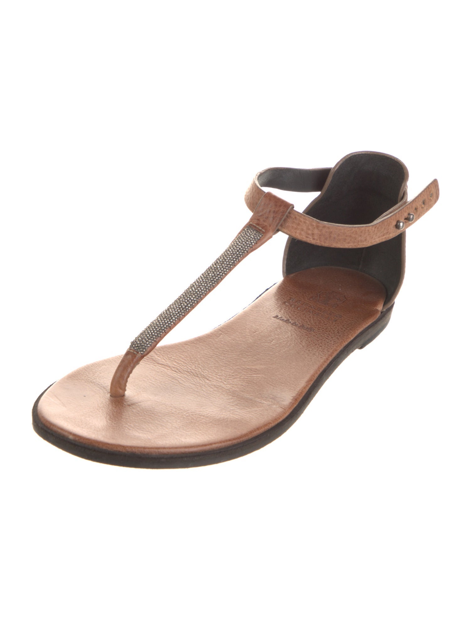 Brunello Cucinelli Monili Leather T-Strap Sandals