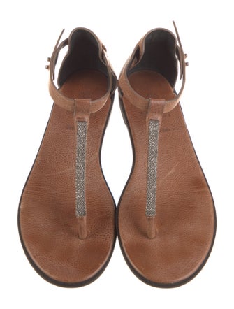 Brunello Cucinelli Monili Leather T-Strap Sandals