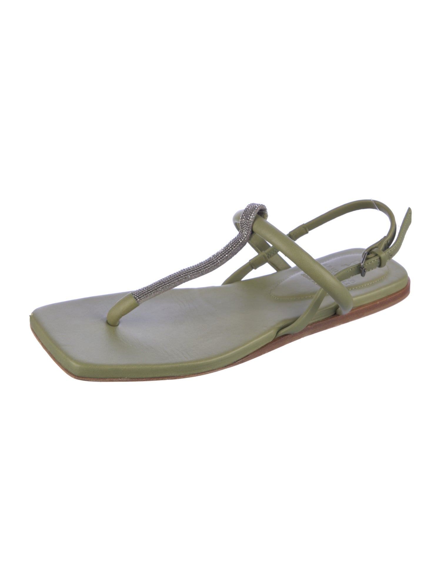 Brunello Cucinelli Monili Leather T-Strap Sandals