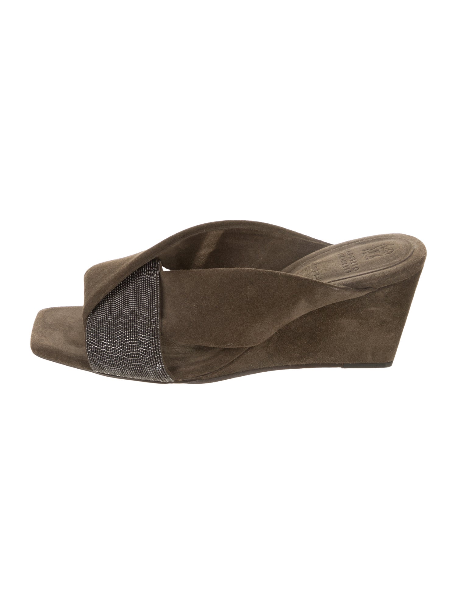 Brunello Cucinelli Suede Beaded Accents Slides