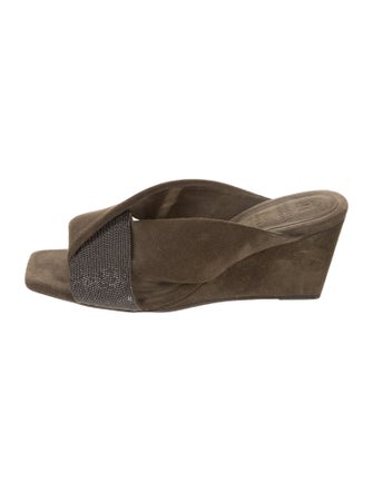 Brunello Cucinelli Suede Beaded Accents Slides
