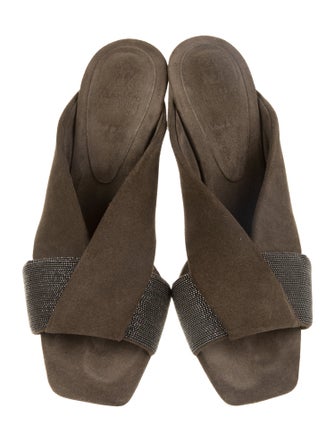 Brunello Cucinelli Suede Beaded Accents Slides