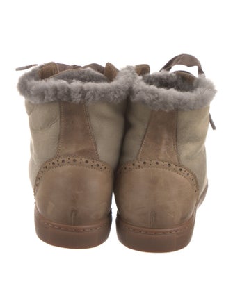Brunello Cucinelli Leather Fur Trim Lace-Up Boots