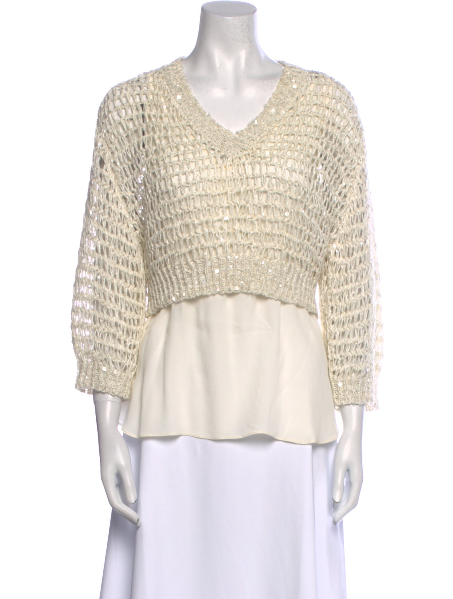 Brunello Cucinelli V-Neck Three-Quarter Sleeve Blouse