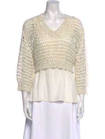 Brunello Cucinelli V-Neck Three-Quarter Sleeve Blouse