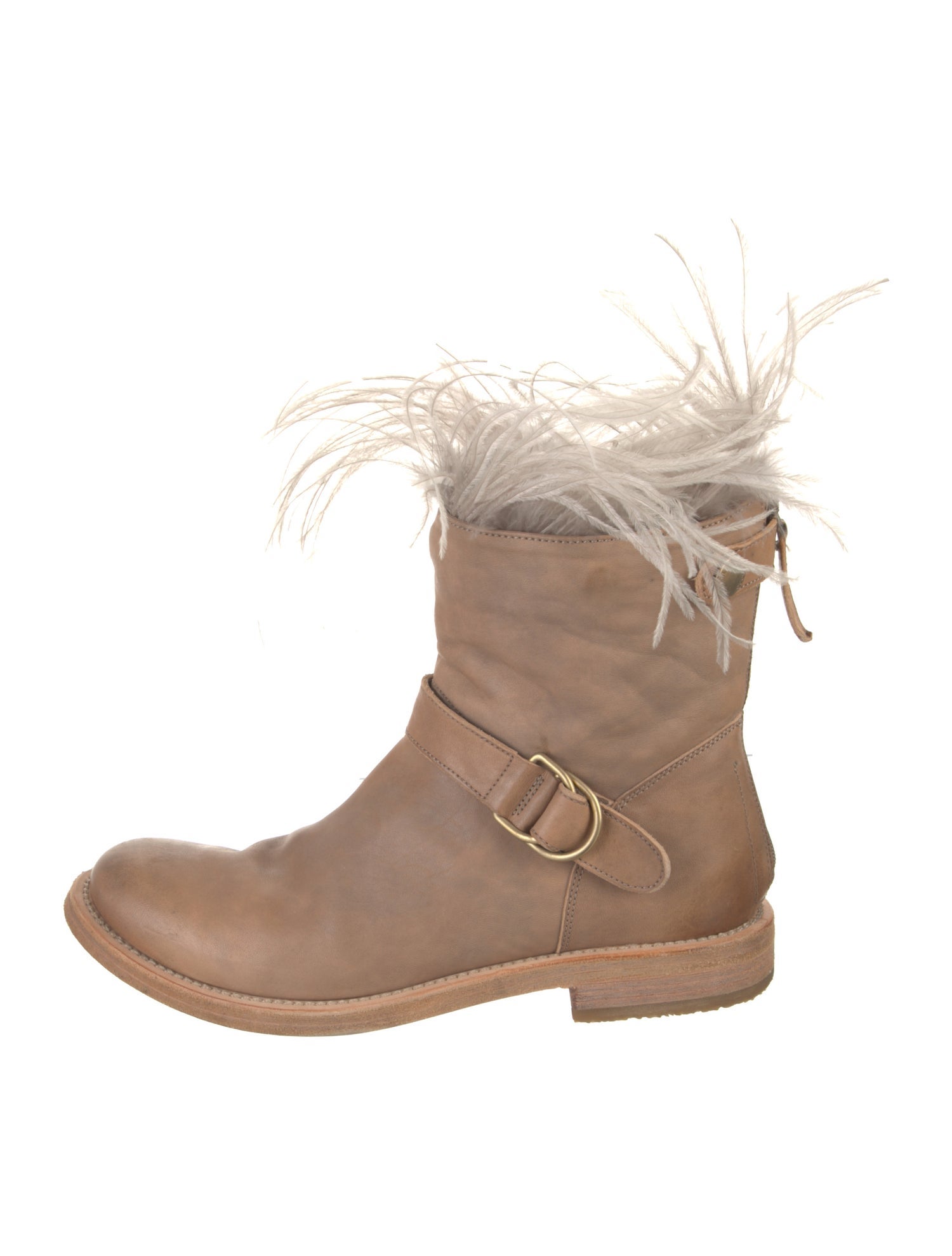 Brunello Cucinelli Leather Feather Trim Moto Boots