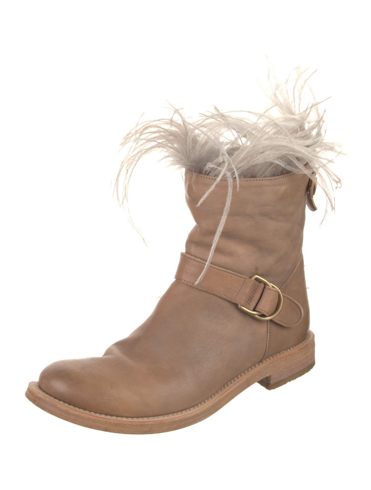 Brunello Cucinelli Leather Feather Trim Moto Boots