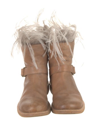 Brunello Cucinelli Leather Feather Trim Moto Boots