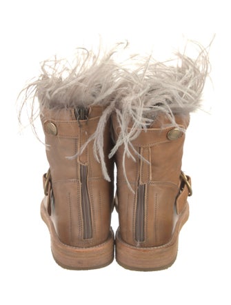 Brunello Cucinelli Leather Feather Trim Moto Boots