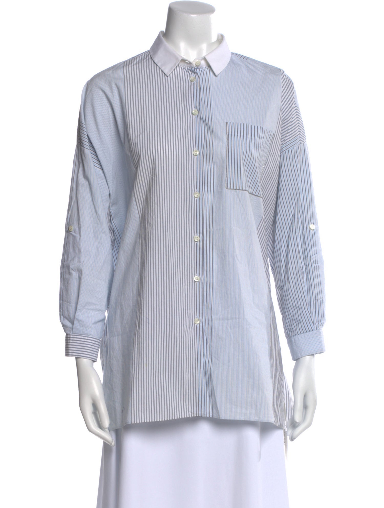 Brunello Cucinelli Striped Long Sleeve Button-Up Top