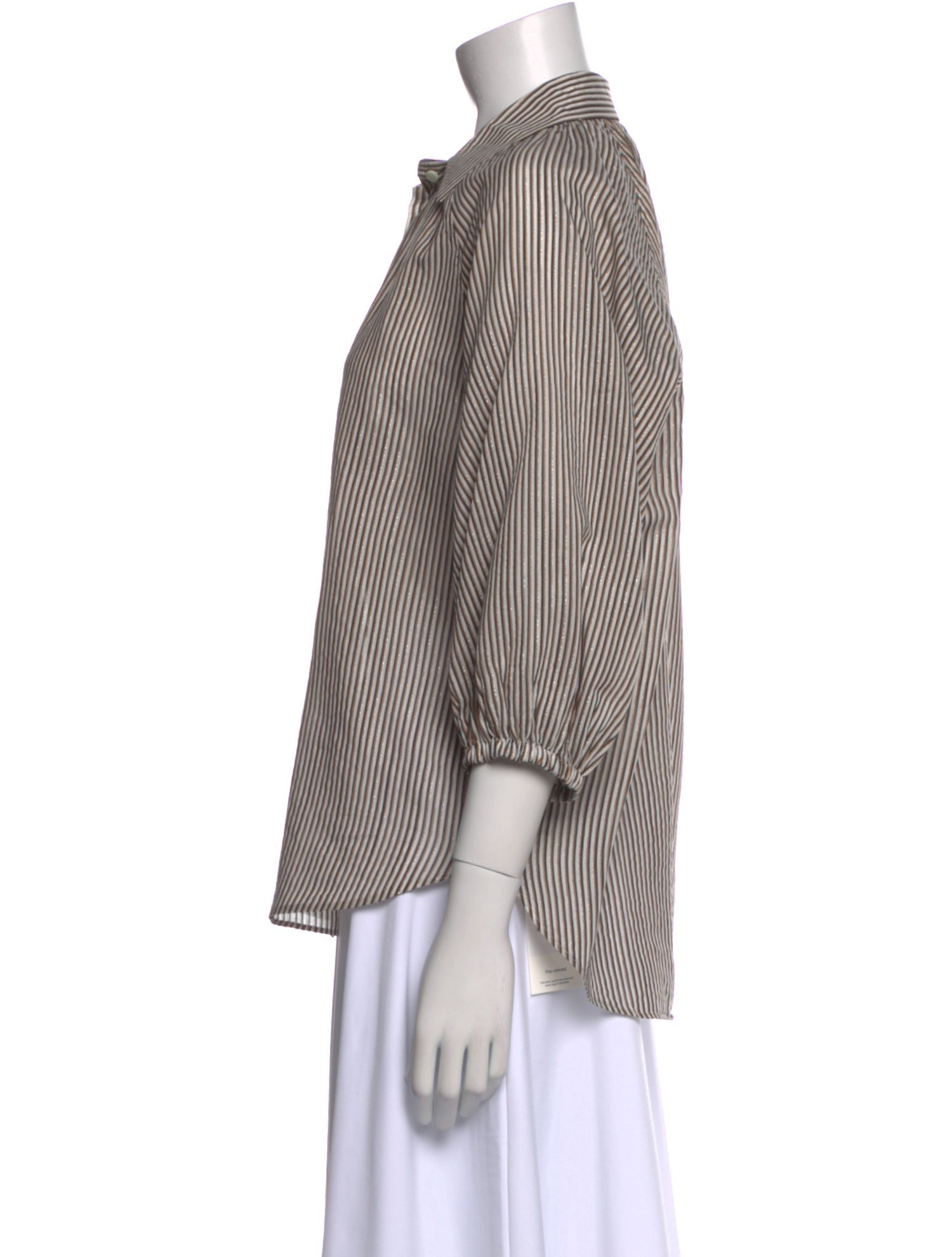 Brunello Cucinelli Striped Three-Quarter Sleeve Button-Up Top