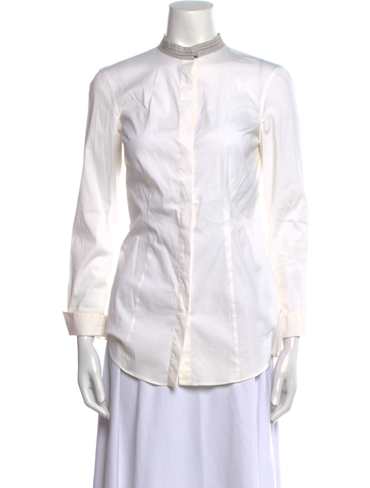 Brunello Cucinelli Mock Neck Long Sleeve Button-Up Top