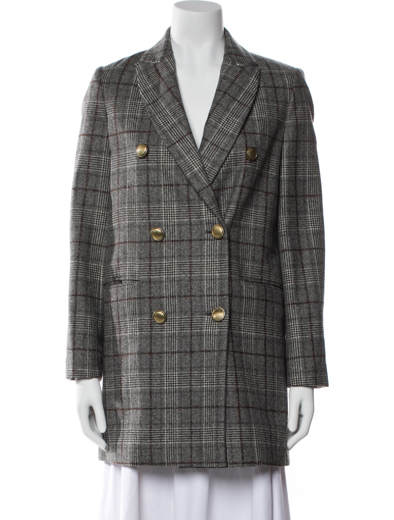 Brunello Cucinelli Wool Plaid Print Peacoat