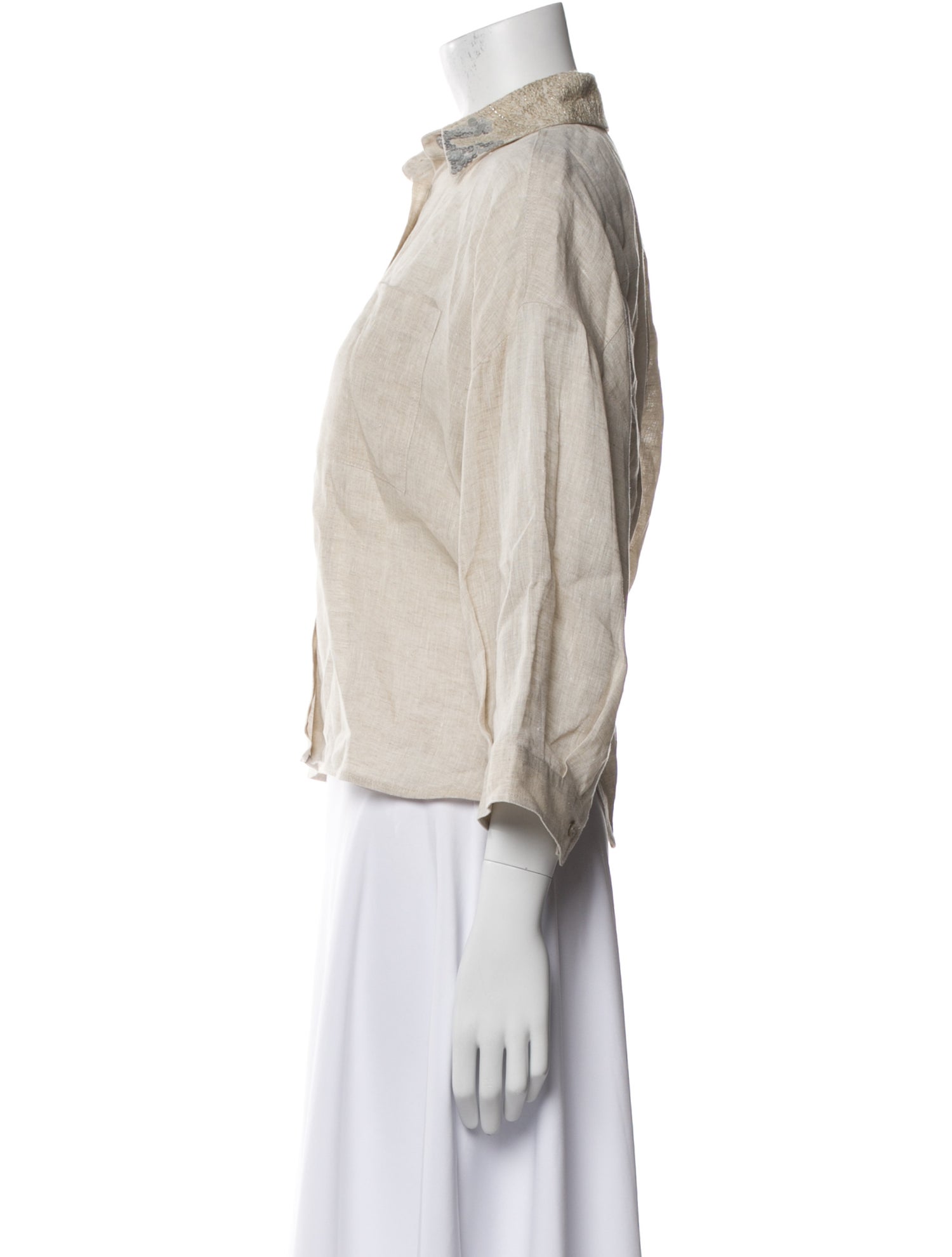 Brunello Cucinelli Linen Three-Quarter Sleeve Crop Top