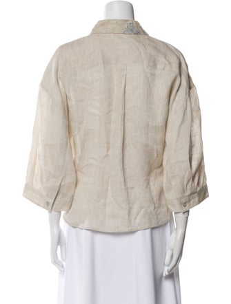 Brunello Cucinelli Linen Three-Quarter Sleeve Crop Top