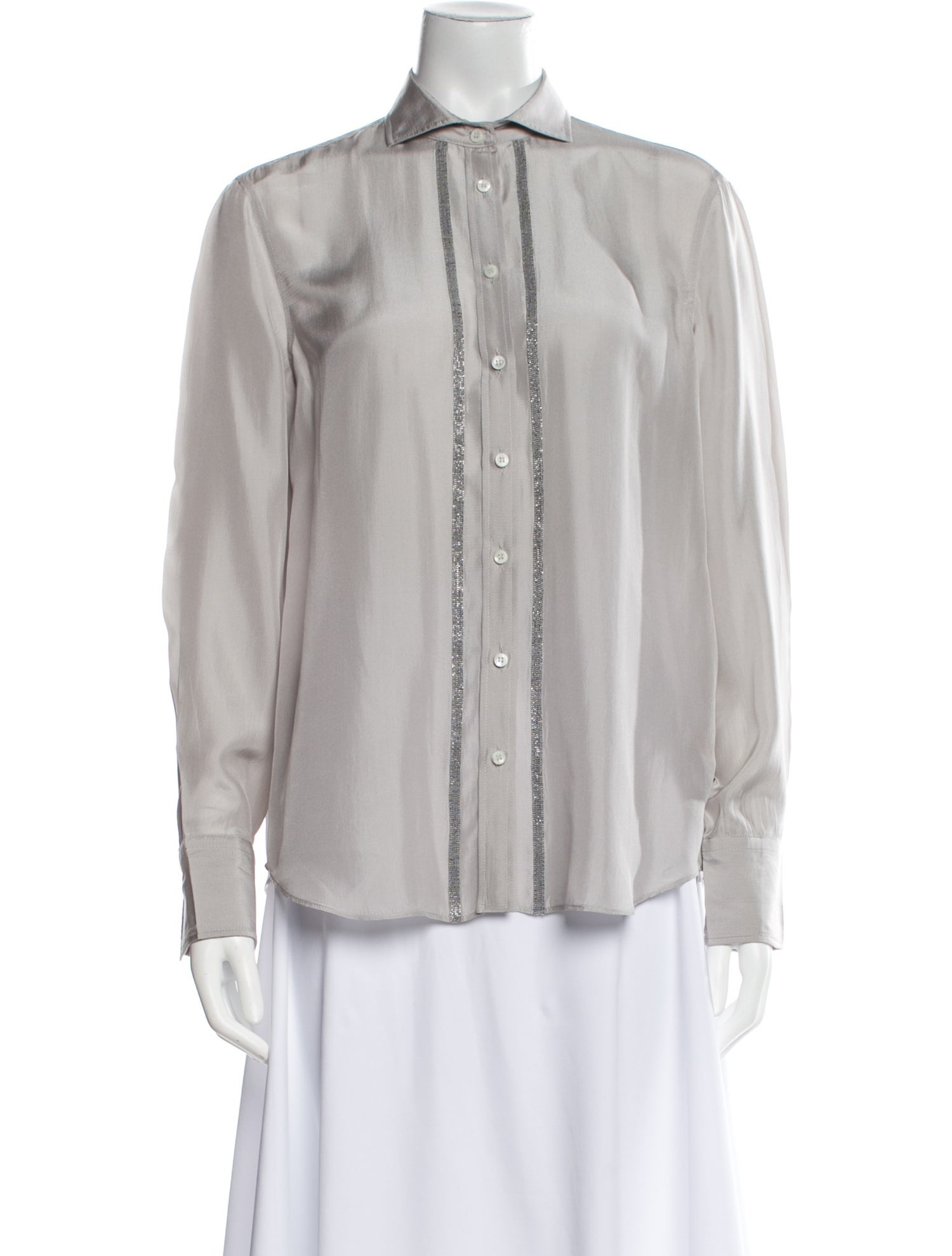 Brunello Cucinelli Silk Long Sleeve Button-Up Top