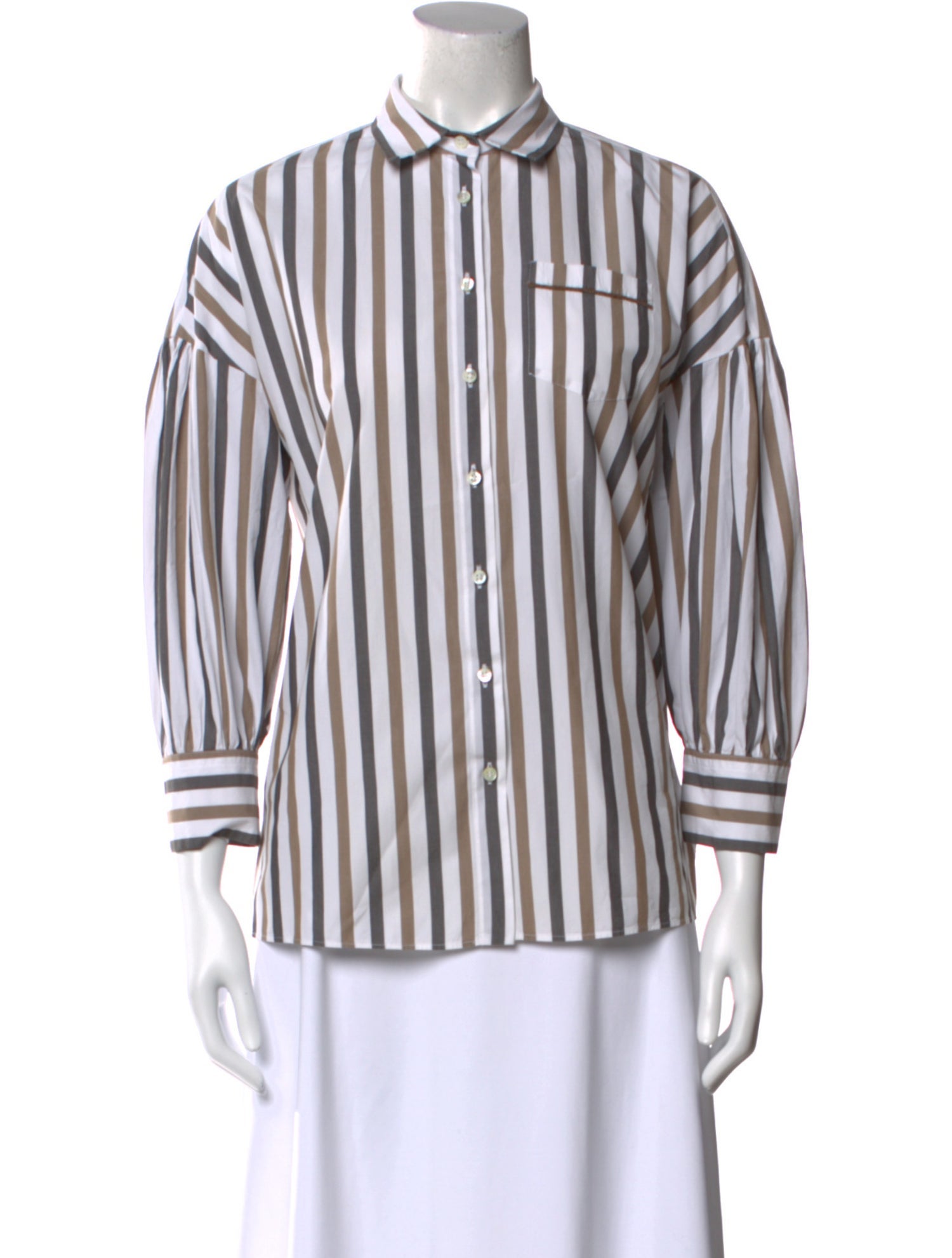 Brunello Cucinelli Striped Three-Quarter Sleeve Button-Up Top