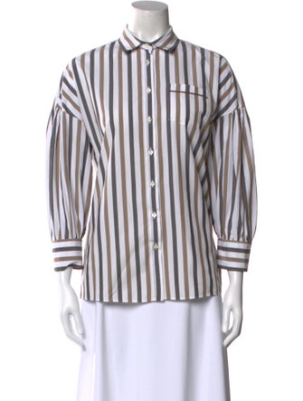 Brunello Cucinelli Striped Three-Quarter Sleeve Button-Up Top