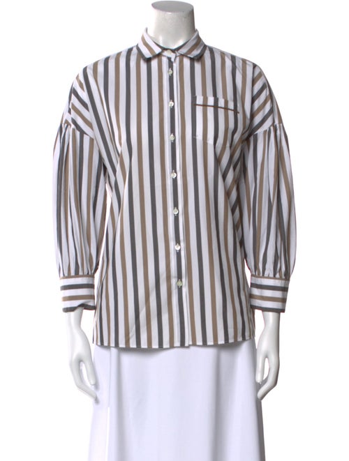 Brunello Cucinelli Striped Three-Quarter Sleeve Button-Up Top