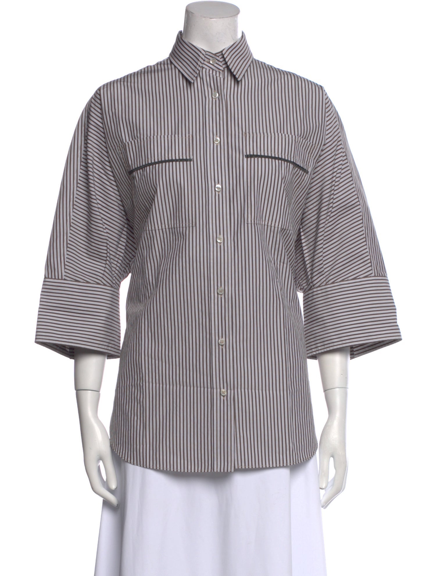 Brunello Cucinelli Striped Three-Quarter Sleeve Button-Up Top