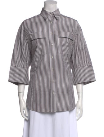 Brunello Cucinelli Striped Three-Quarter Sleeve Button-Up Top
