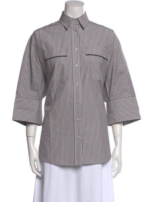 Brunello Cucinelli Striped Three-Quarter Sleeve Button-Up Top