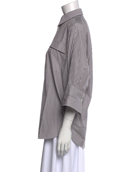 Brunello Cucinelli Striped Three-Quarter Sleeve Button-Up Top