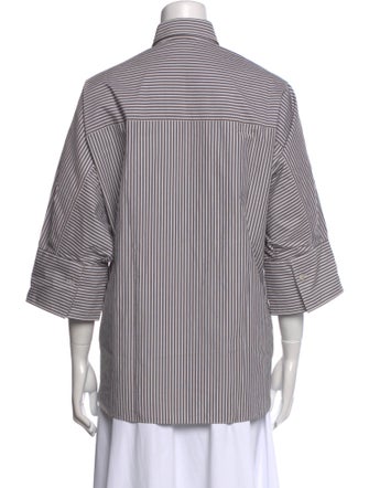 Brunello Cucinelli Striped Three-Quarter Sleeve Button-Up Top