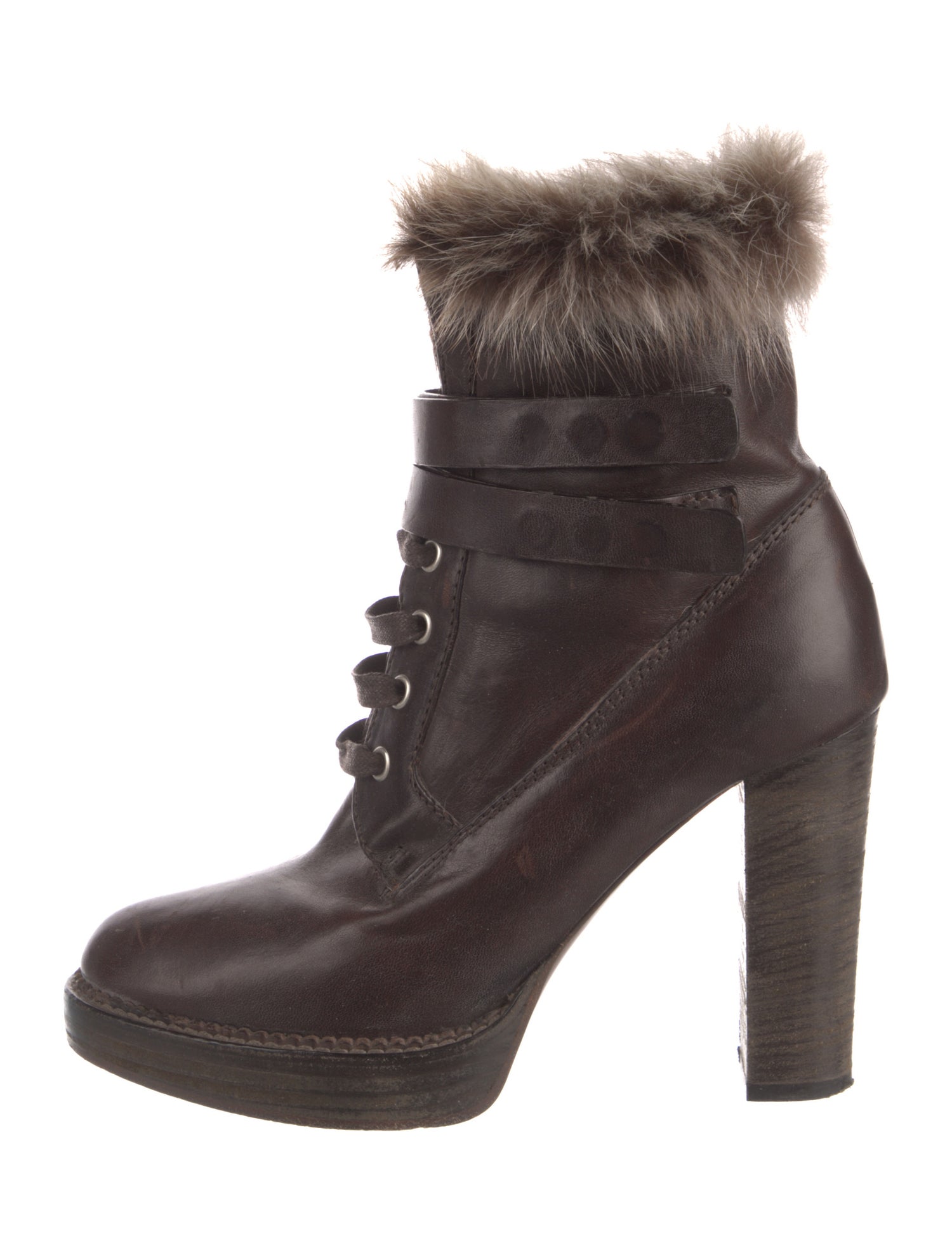 Brunello Cucinelli Leather Fur Trim Lace-Up Boots