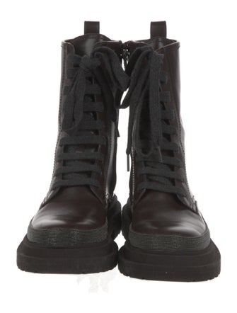 Brunello Cucinelli Leather Beaded Accents Combat Boots