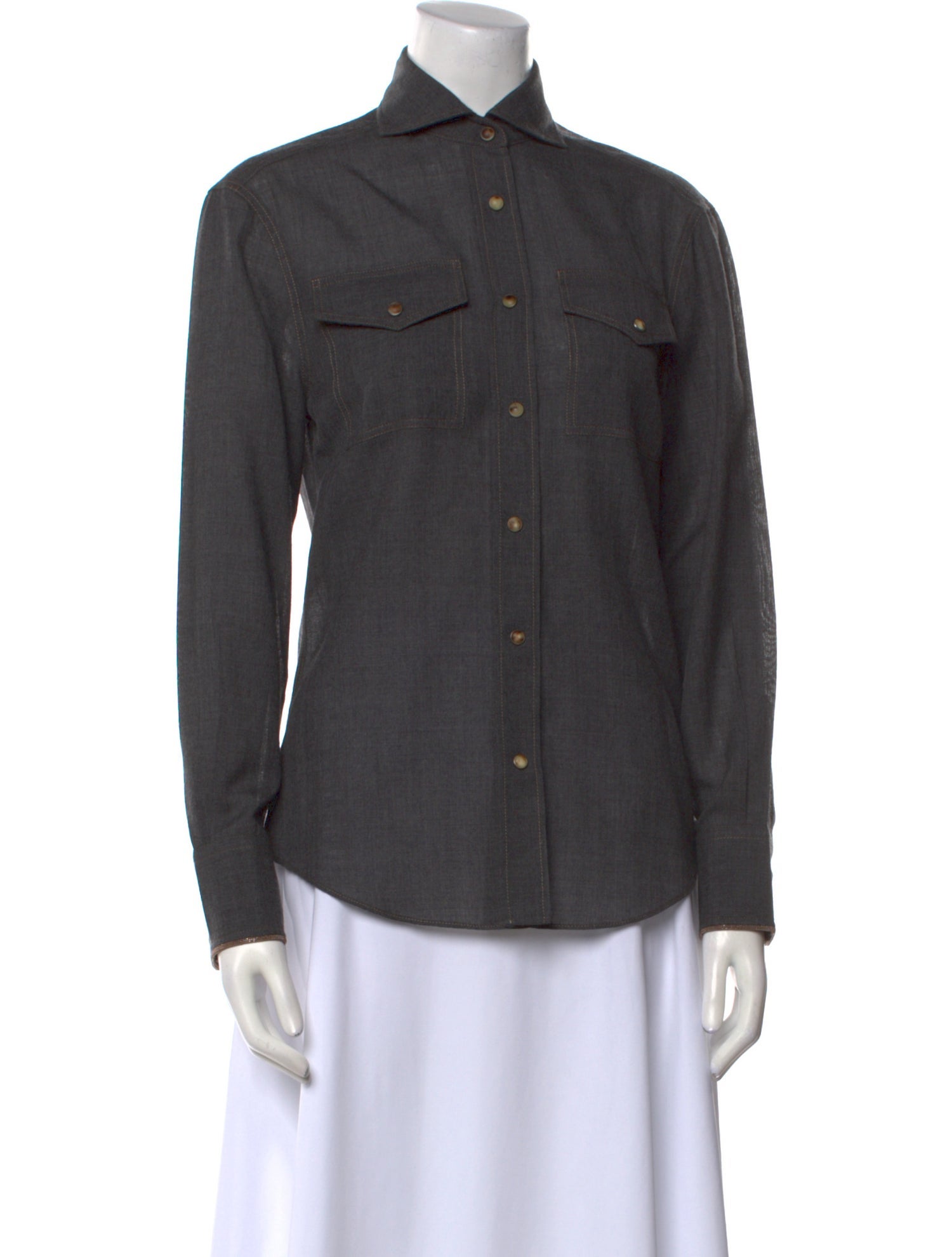 Brunello Cucinelli Virgin Wool Long Sleeve Button-Up Top