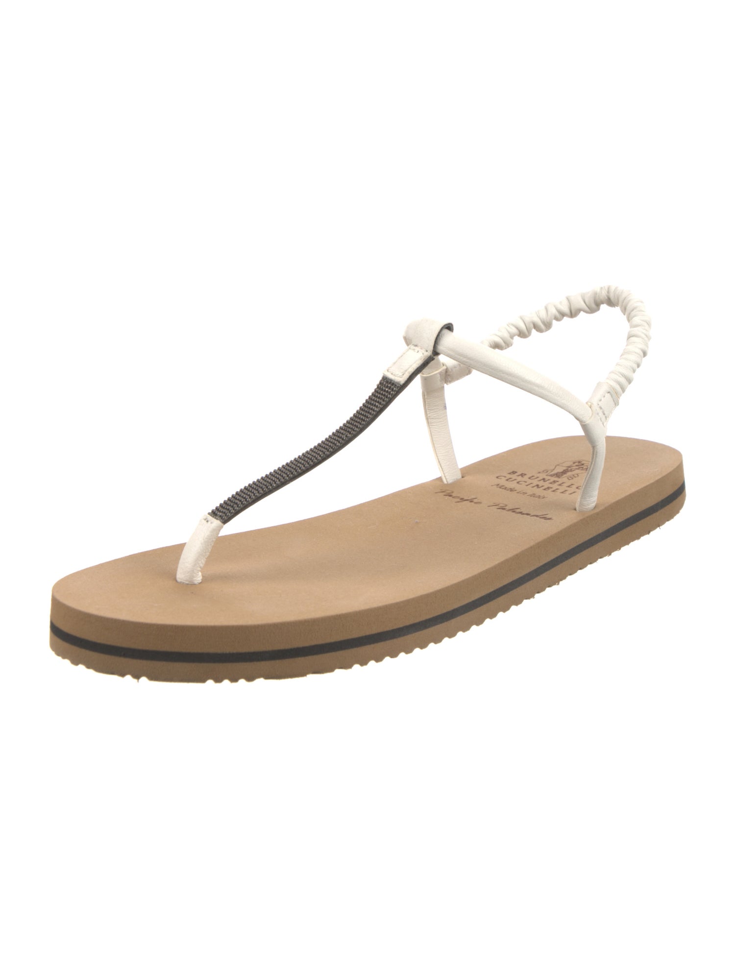 Brunello Cucinelli Monili Leather T-Strap Sandals