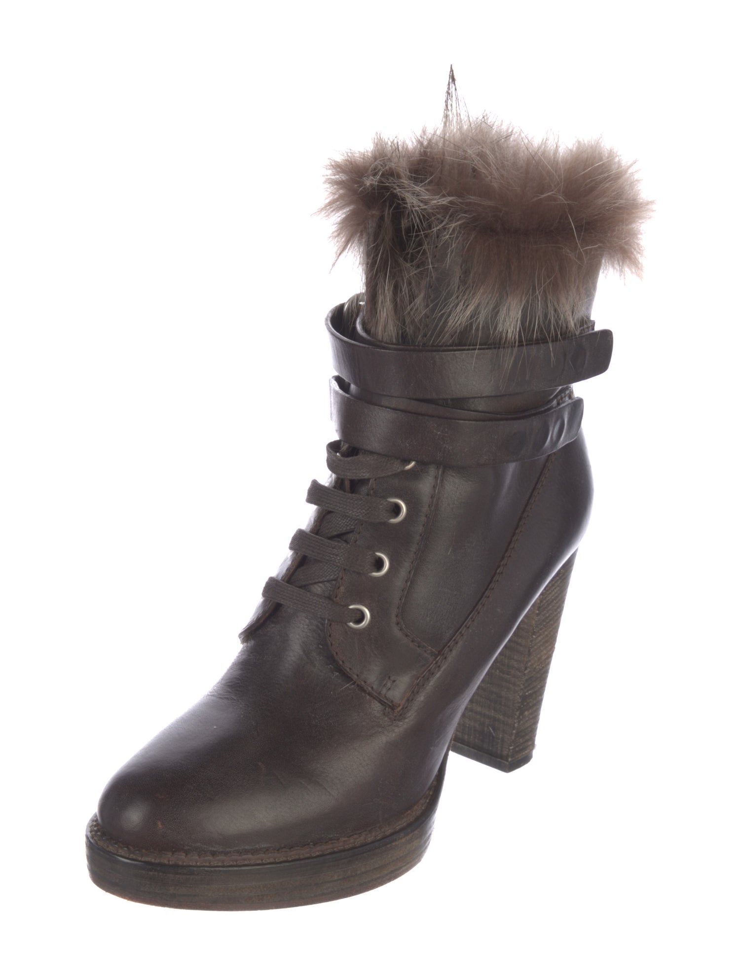 Brunello Cucinelli Leather Fur Trim Lace-Up Boots