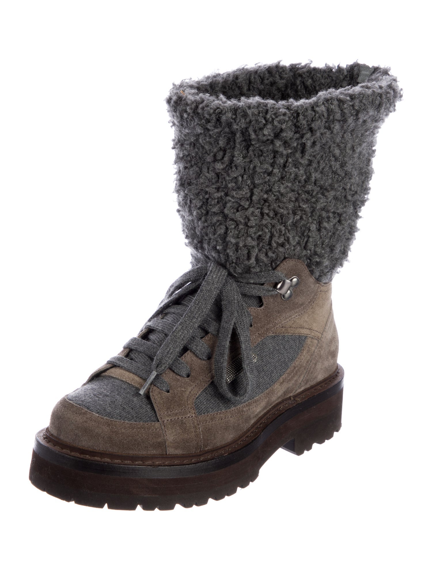Brunello Cucinelli Suede Colorblock Pattern Combat Boots