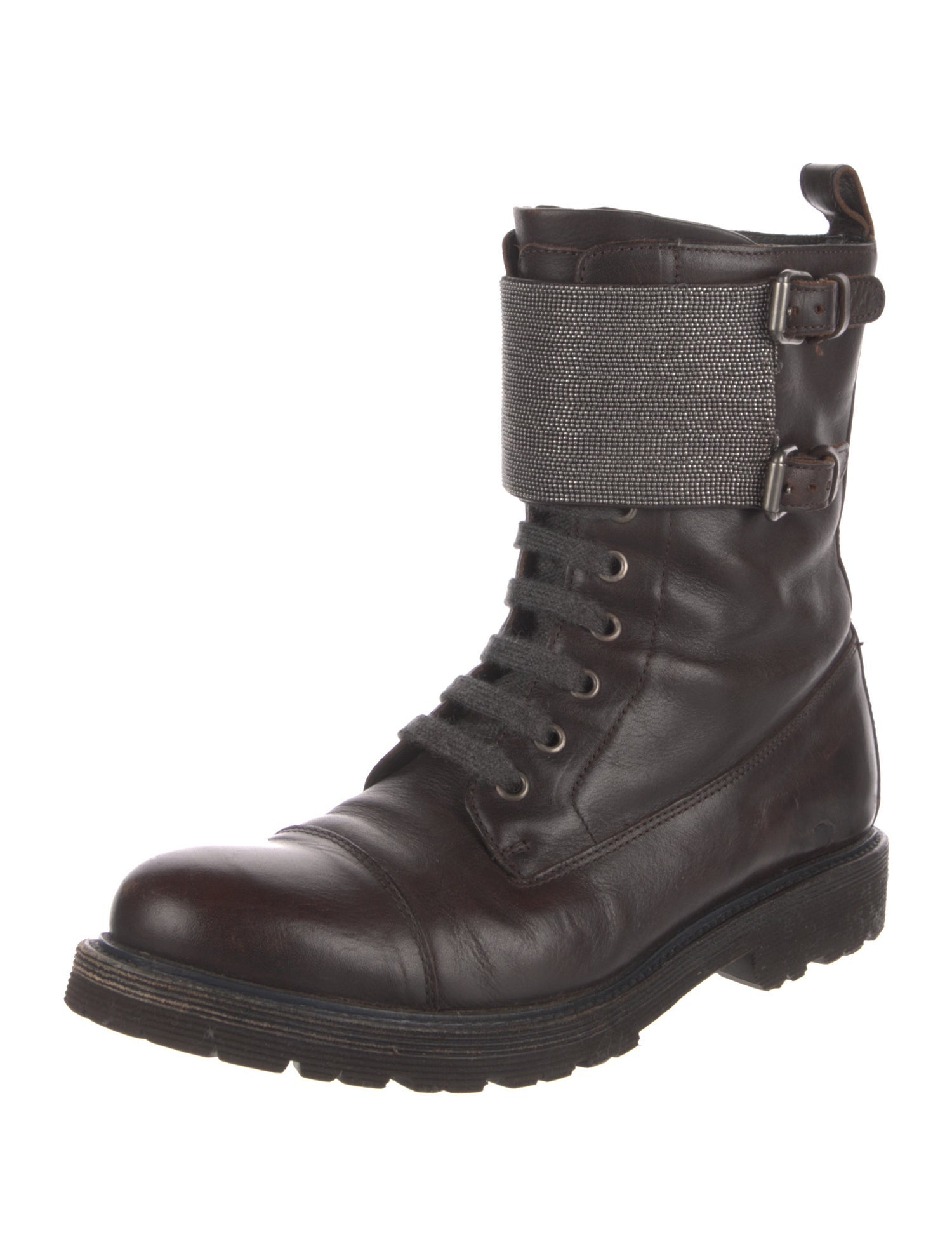 Brunello Cucinelli Leather Crystal Embellishments Combat Boots