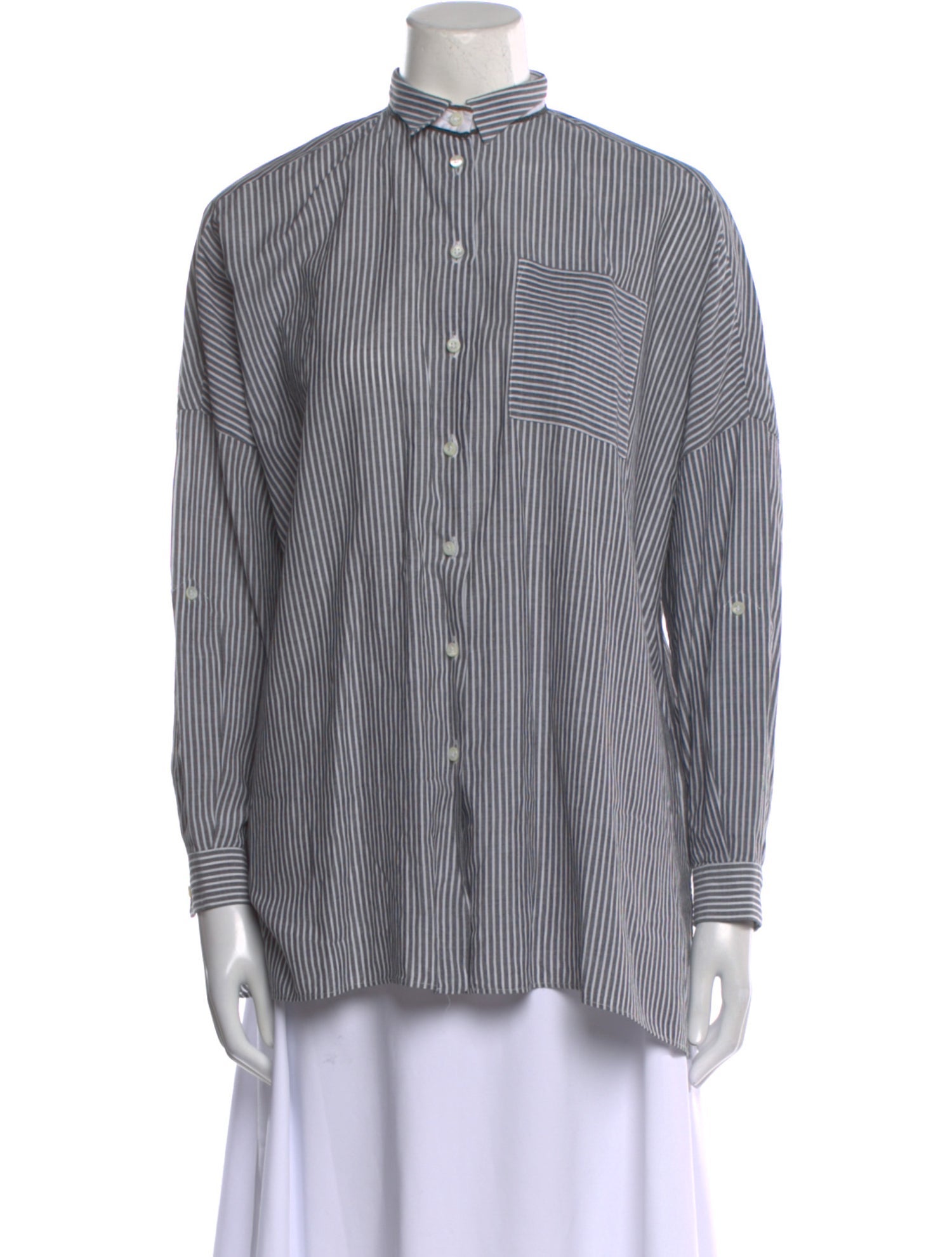 Brunello Cucinelli Striped Mock Neck Button-Up Top