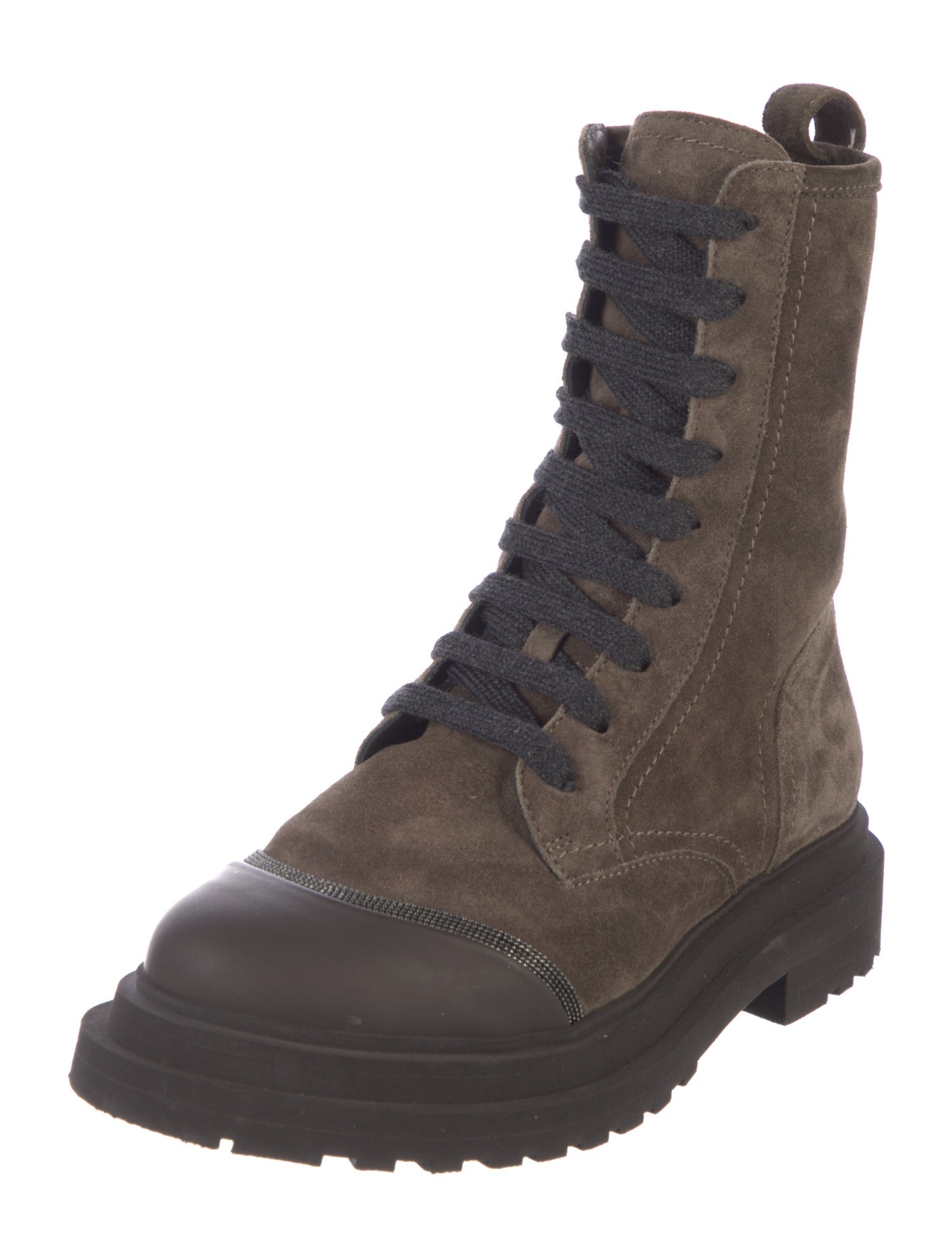 Brunello Cucinelli Suede Colorblock Pattern Combat Boots