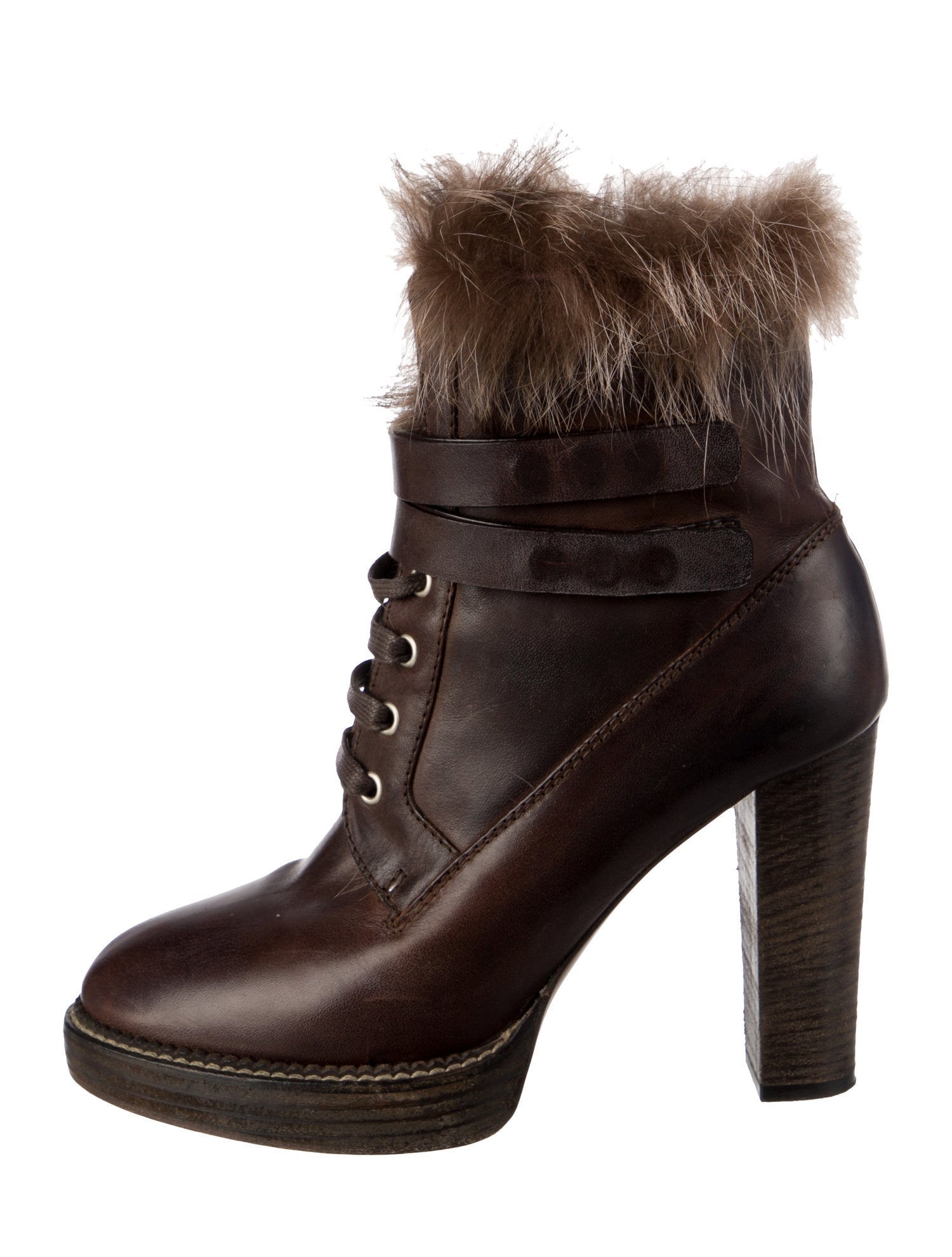 Brunello Cucinelli Leather Fur Trim Lace-Up Boots