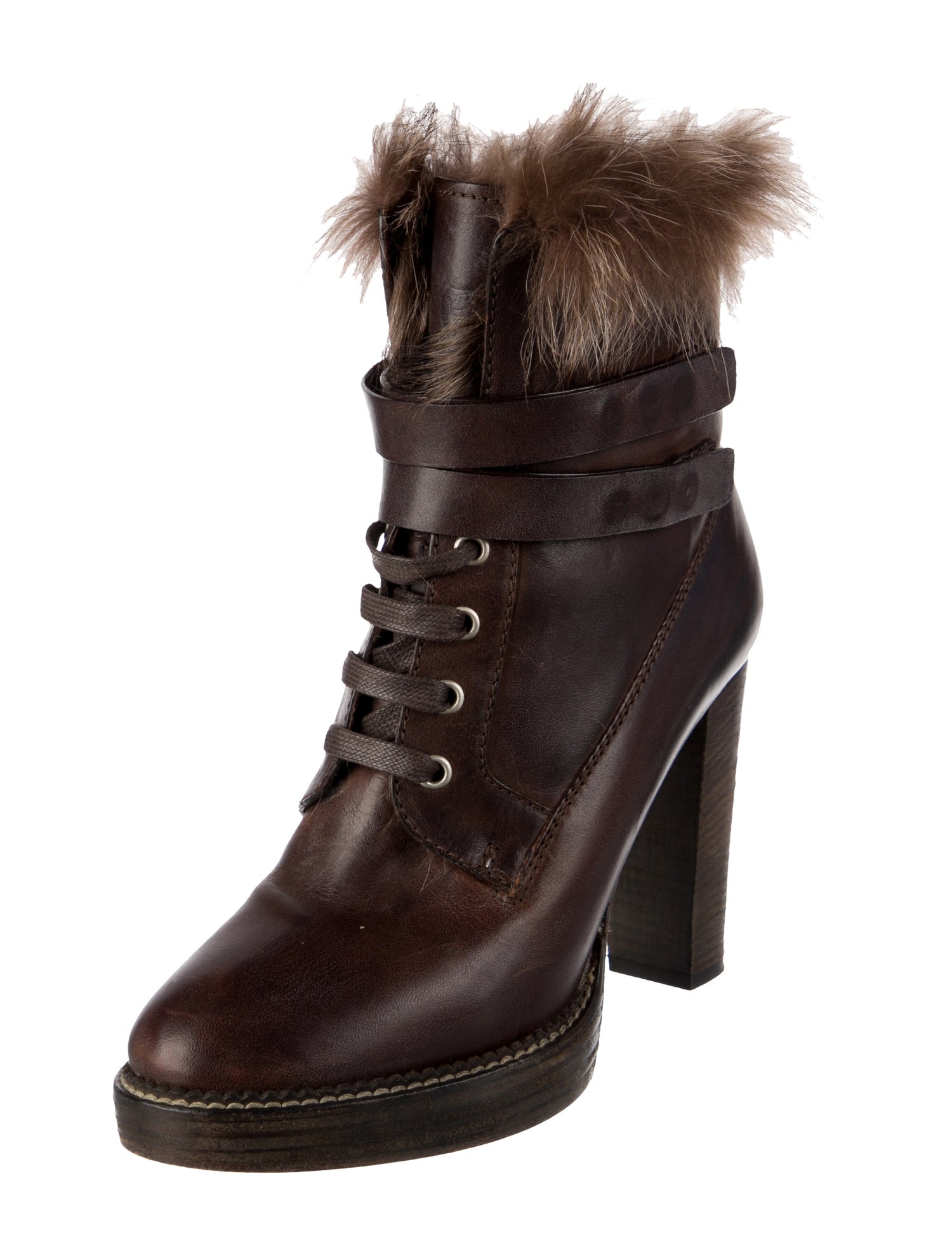 Brunello Cucinelli Leather Fur Trim Lace-Up Boots