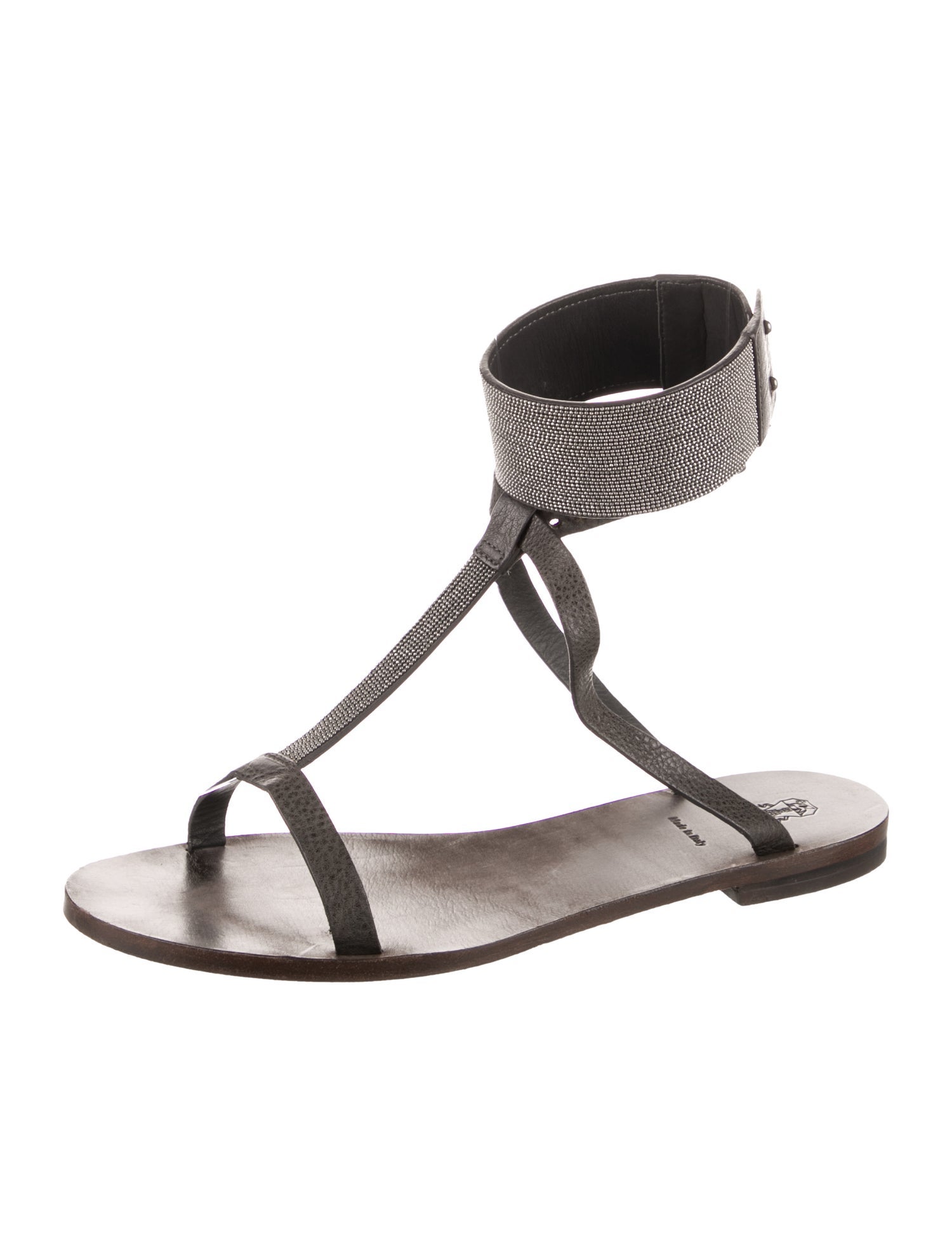 Brunello Cucinelli Monili Leather T-Strap Sandals