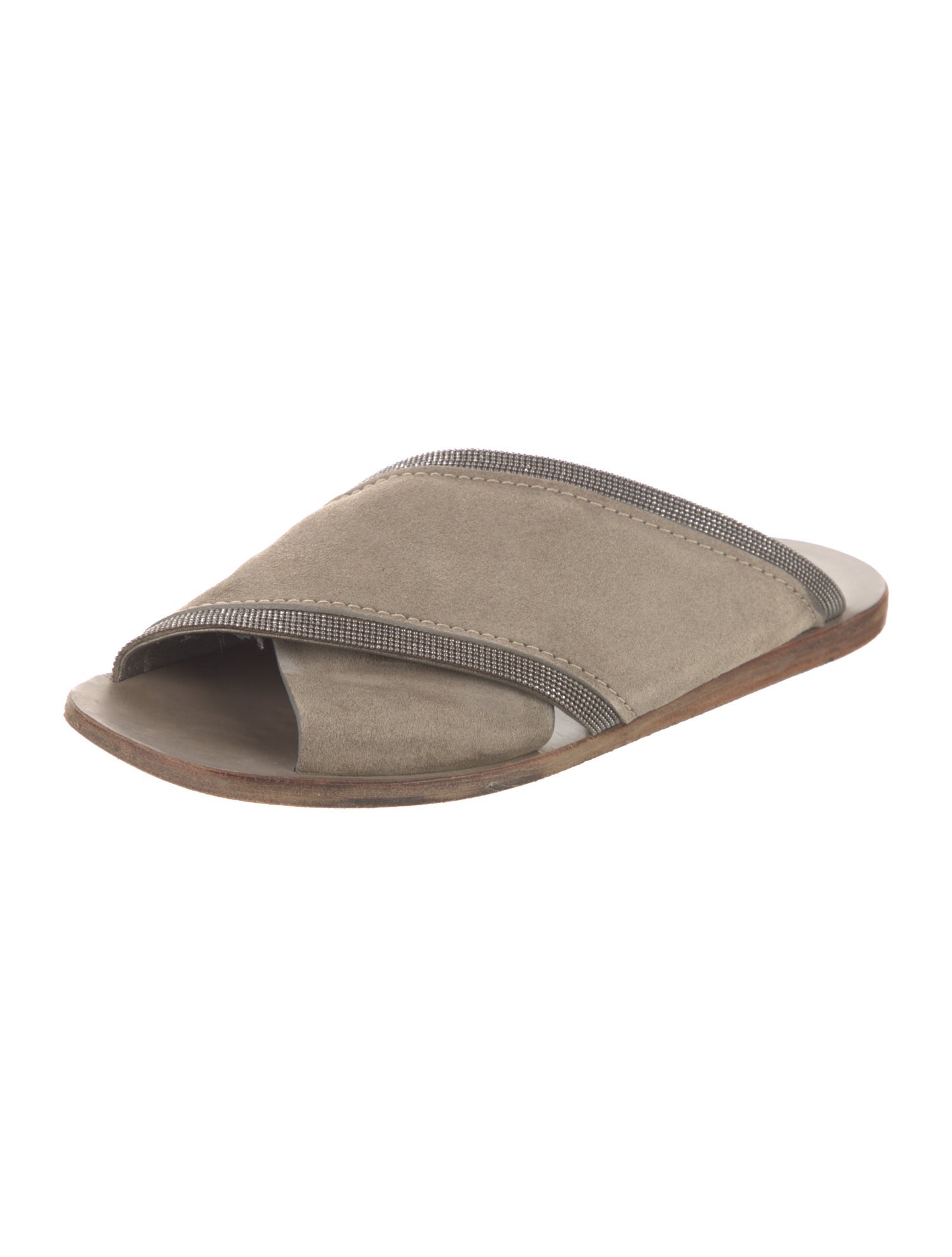 Brunello Cucinelli Suede Beaded Accents Slides