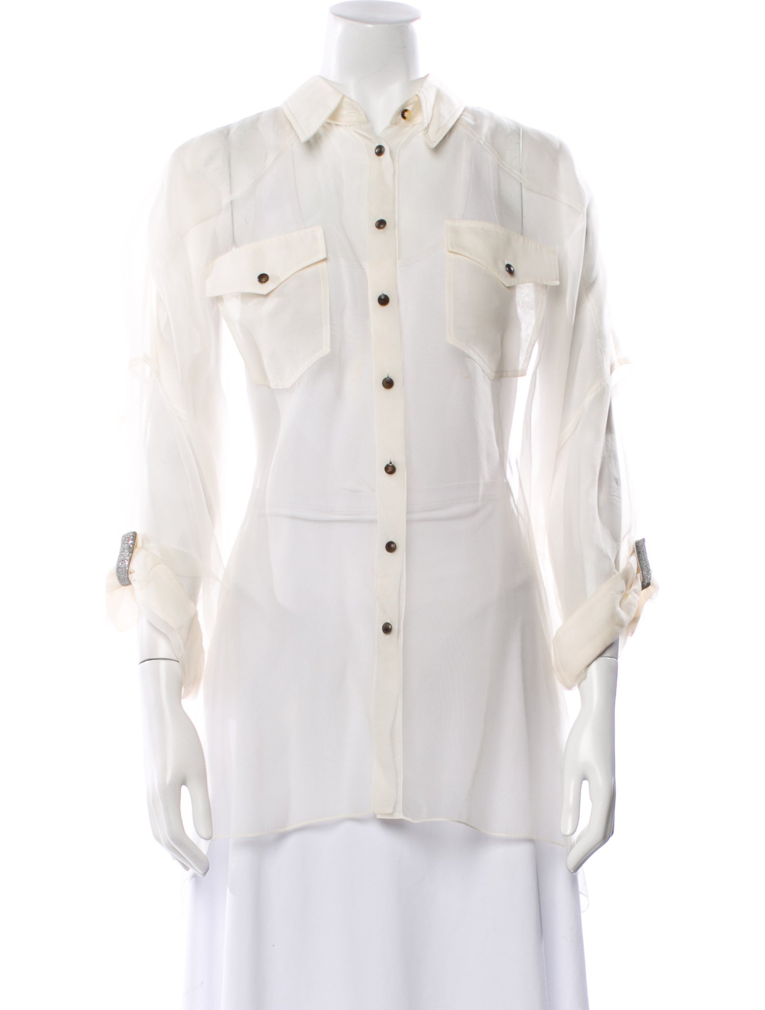 Brunello Cucinelli Silk Three-Quarter Sleeve Button-Up Top