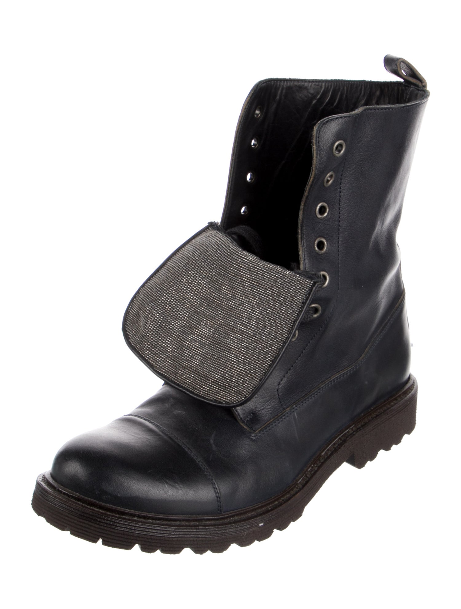 Brunello Cucinelli Leather Beaded Accents Combat Boots