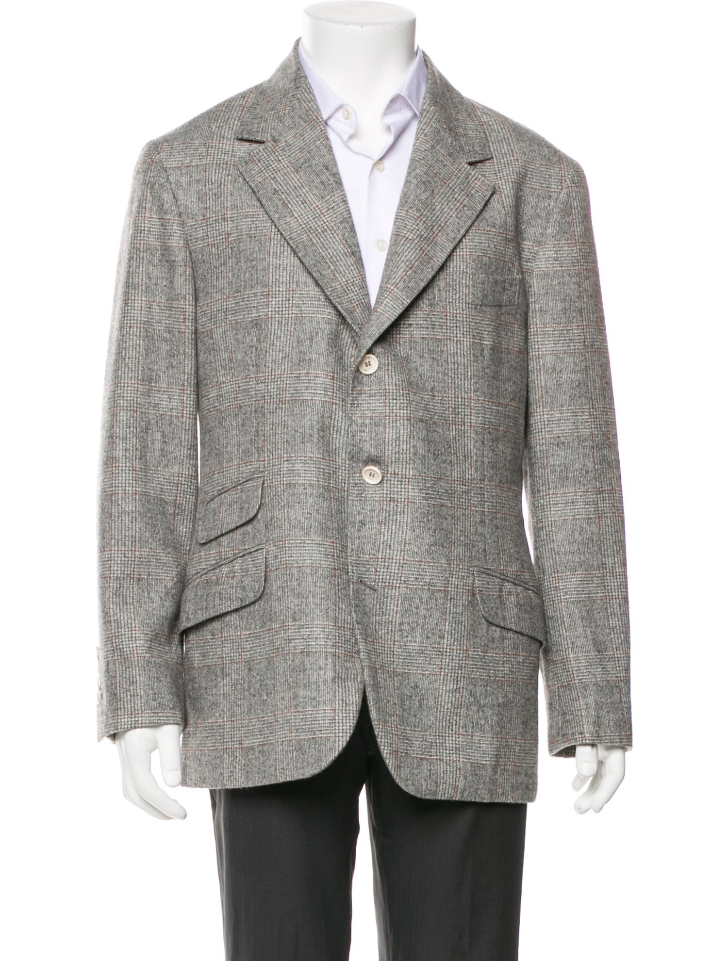 Brunello Cucinelli Plaid Print Leather Trim Embellishment Blazer