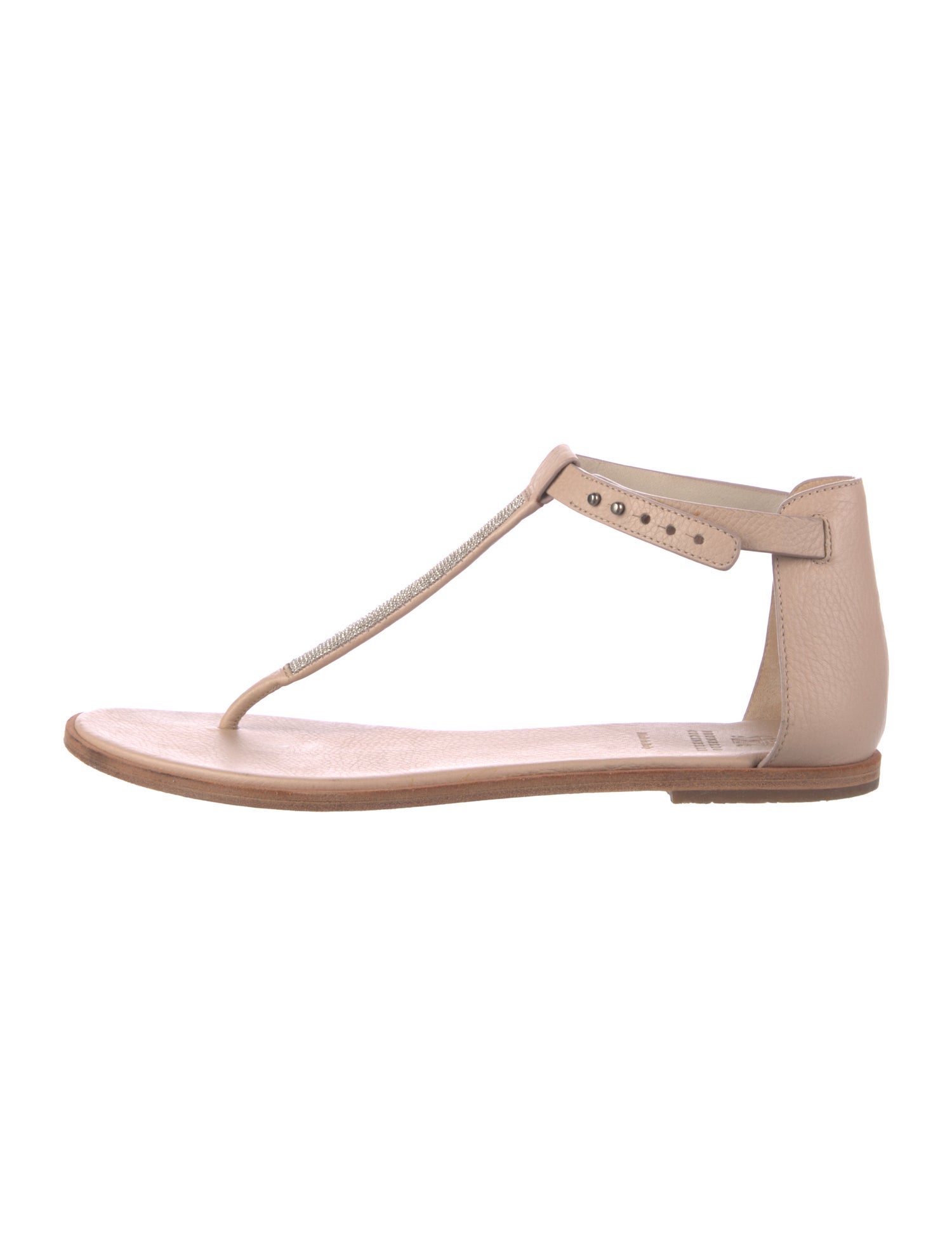 Brunello Cucinelli Monili Leather T-Strap Sandals