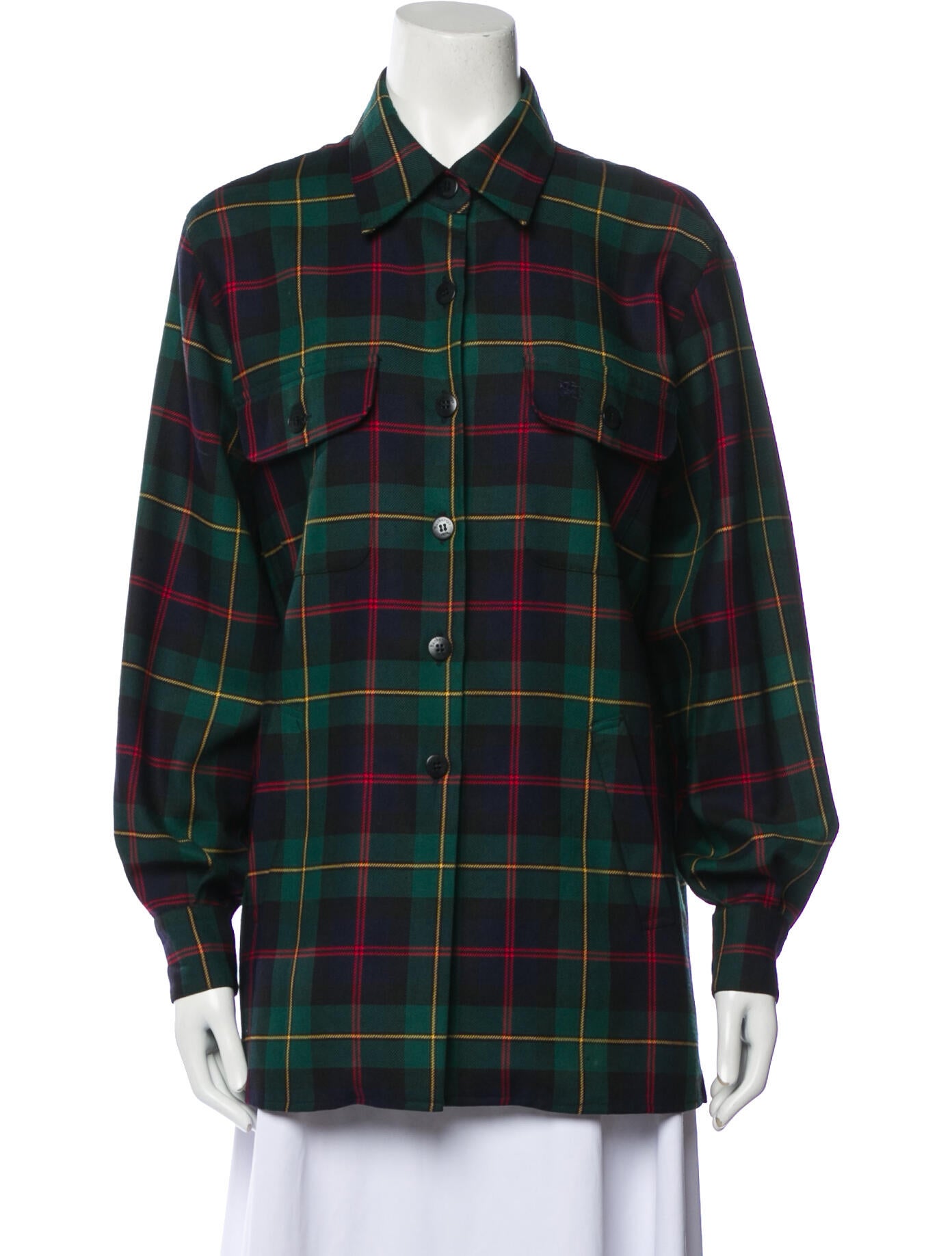 Burberry's Virgin Wool Plaid Print Button-Up Top
