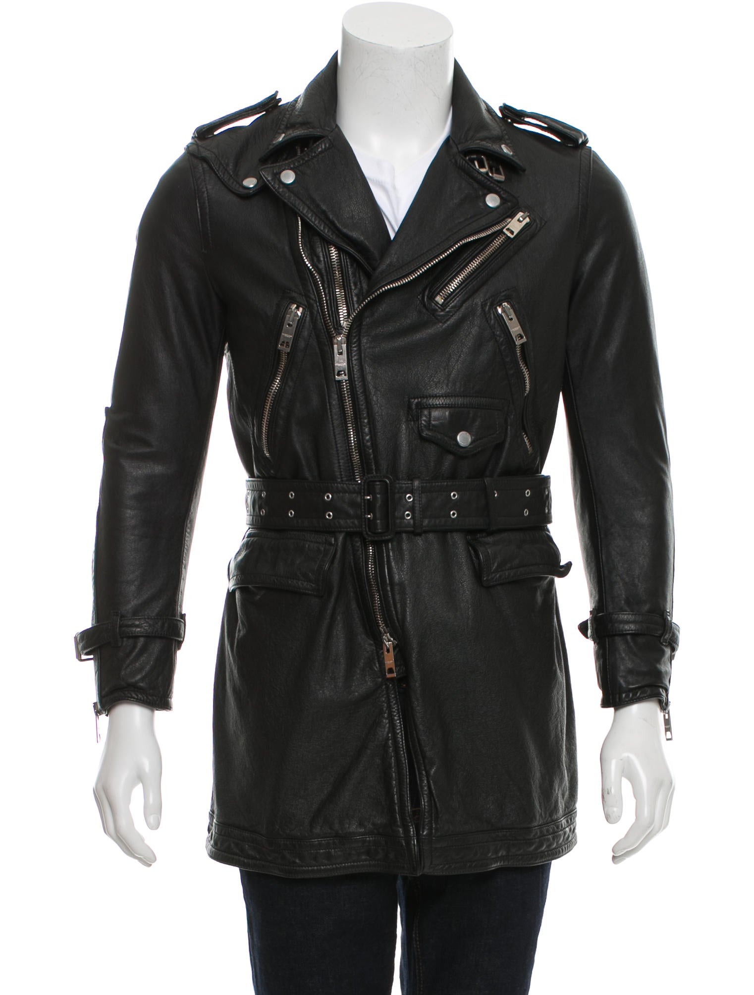 Burberry Prorsum Leather Belted Moto Jacket - Black