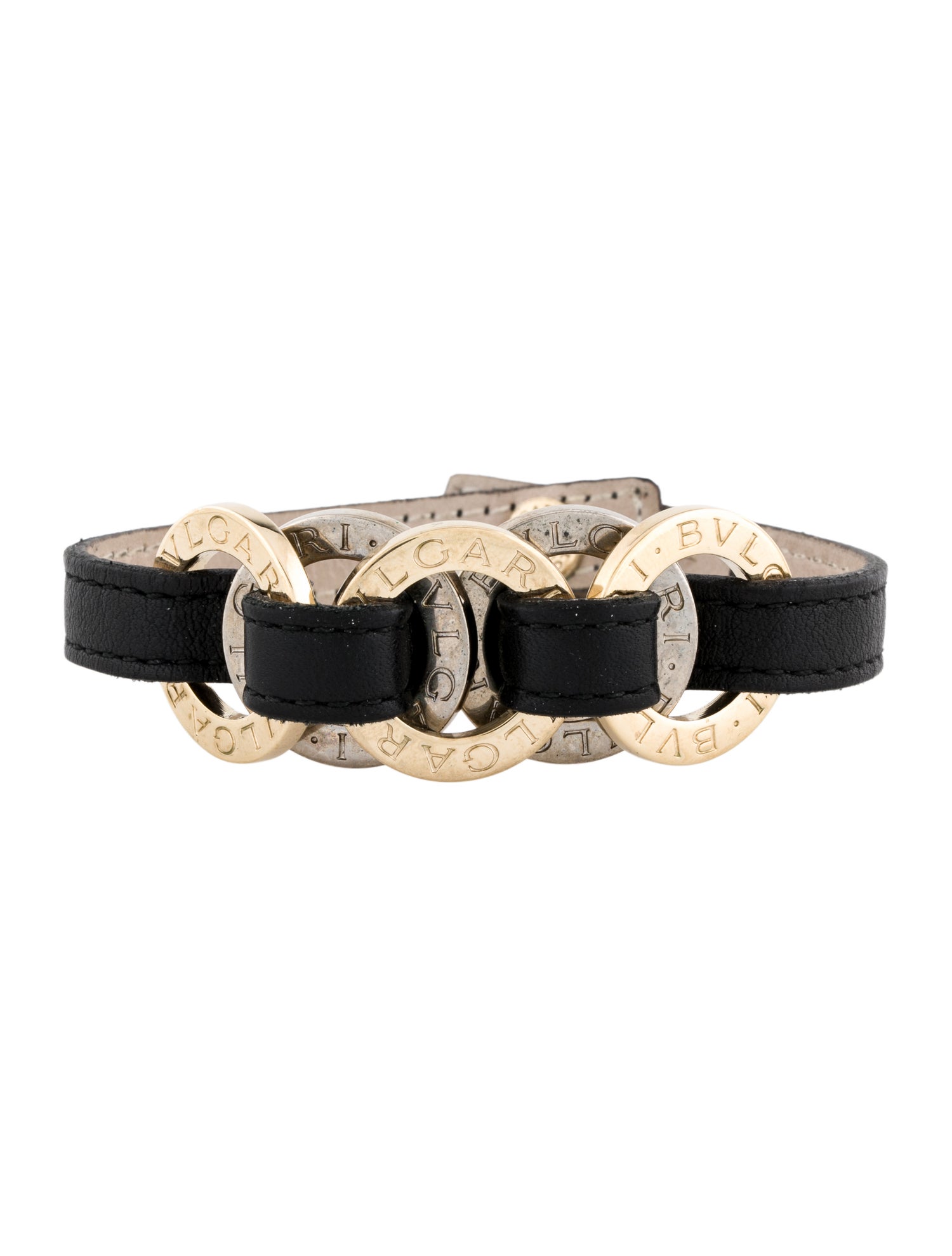 Bvlgari Two-Tone Interlocking Circles Leather Wrap Bracelet