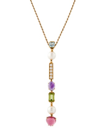 Bvlgari 18K Pearl & Multistone Allegra Pendant W/ Unbranded 14K Chain Necklace