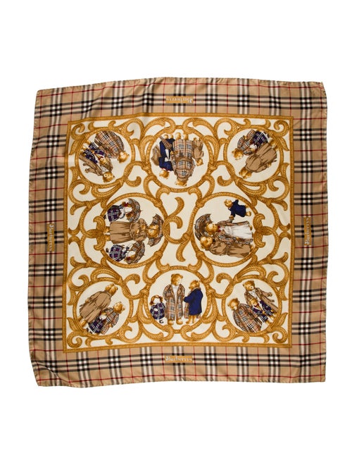 Burberry Vintage Silk Bear Print Scarf Tan
